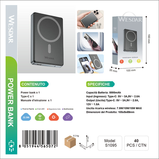 WESDAR S1095 Powerbank 5000mAh, Magnetico Portatile