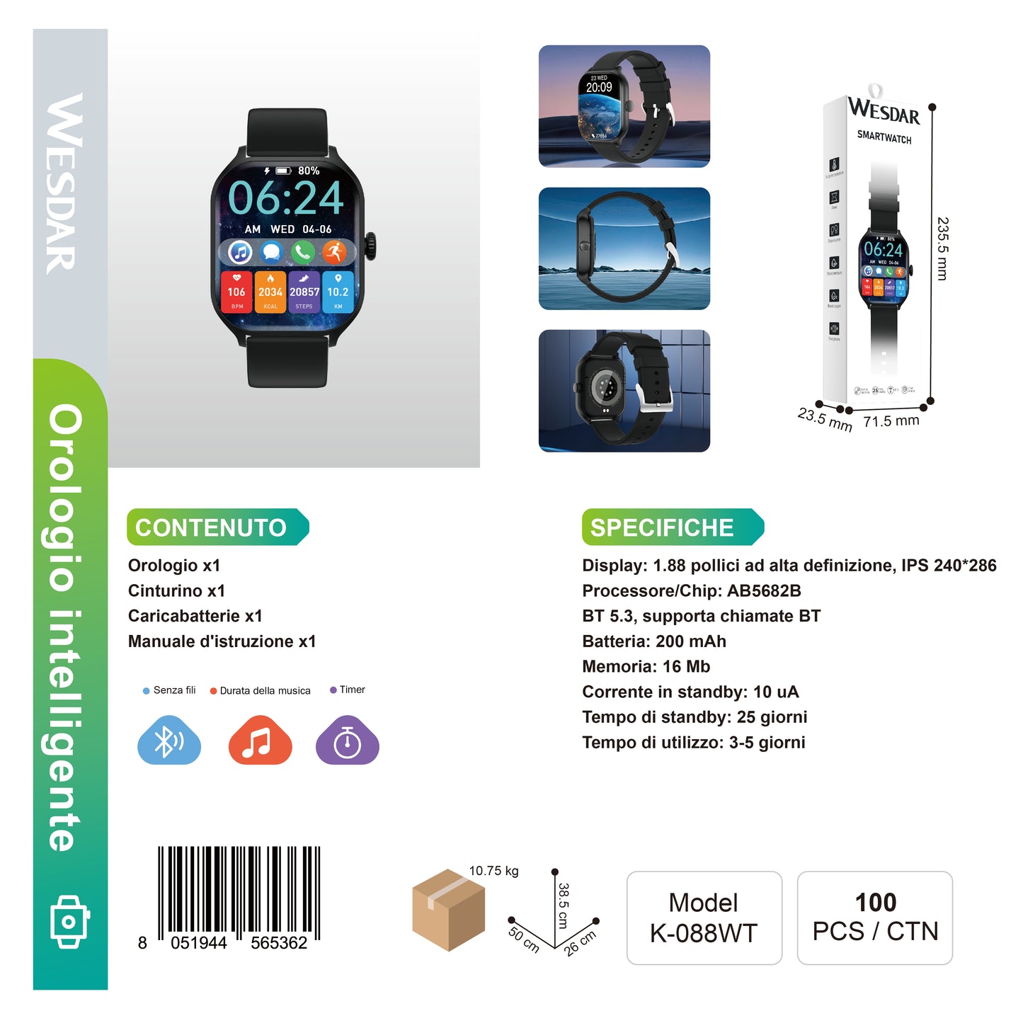 WESDAR K-088WT Smartwatch, BT 5.3