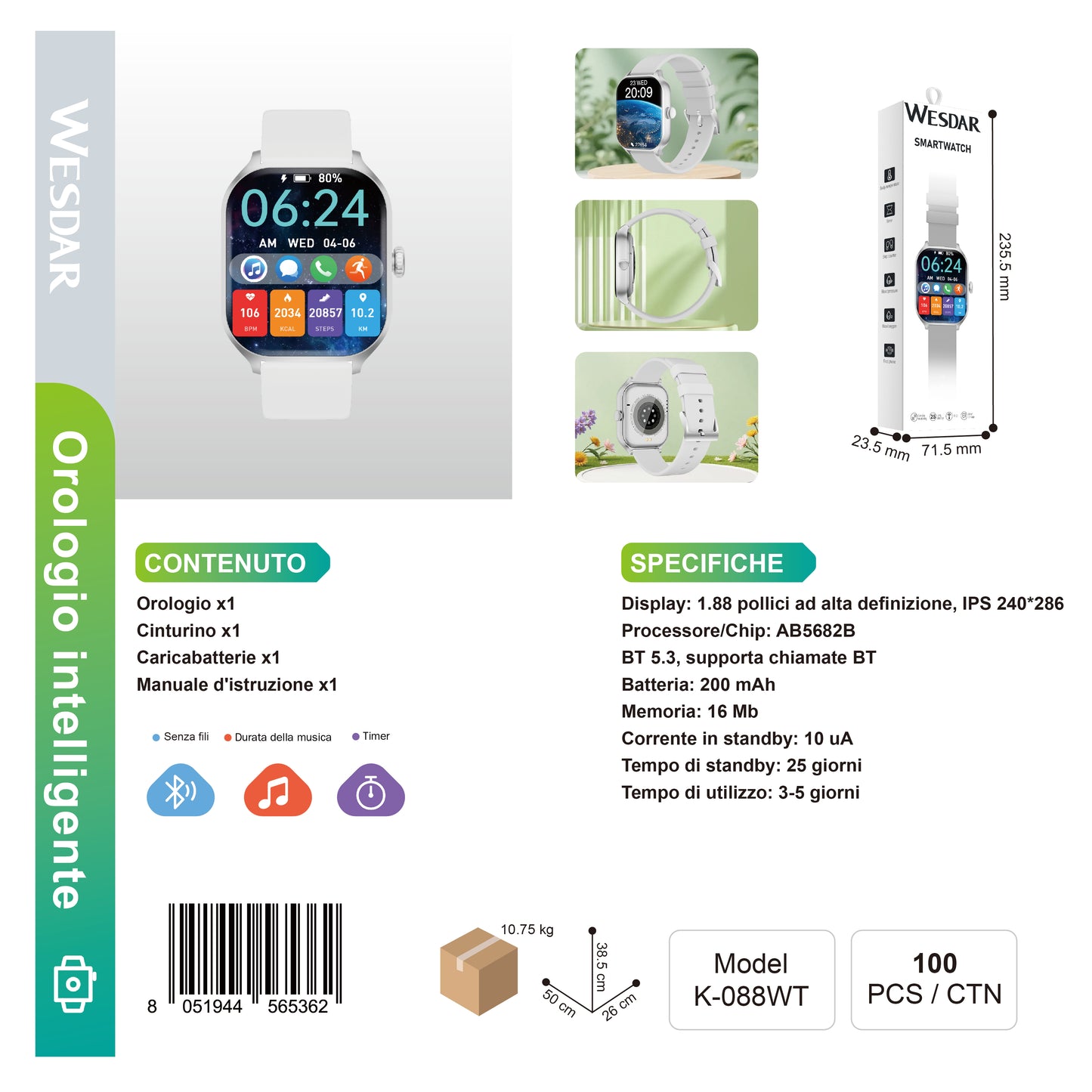 WESDAR K-088WT Smartwatch, BT 5.3