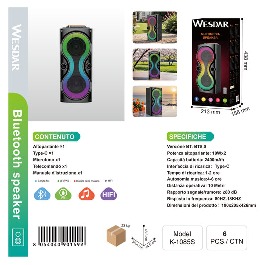 WESDAR K-1085S Altoparlante Bluetooth 10w*2