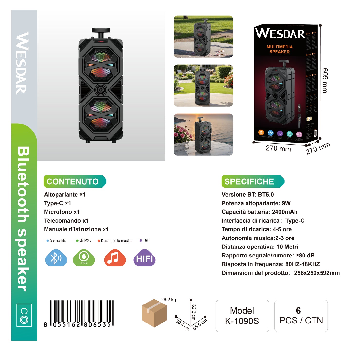 WESDAR K-1090S Altoparlante Multimedia 9W 2400mAh
