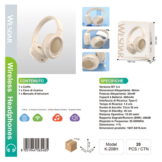 WESDAR K-208H Wireless Cuffie / Headphones BT 5.4