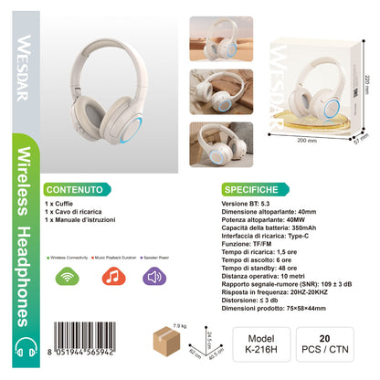 WESDAR K-216H Wireless Cuffie / Headphones BT 5.4
