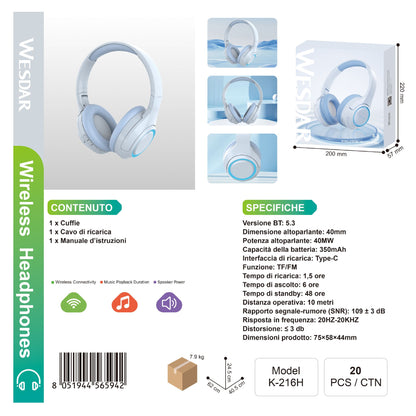 WESDAR K-216H Wireless Cuffie / Headphones BT 5.4