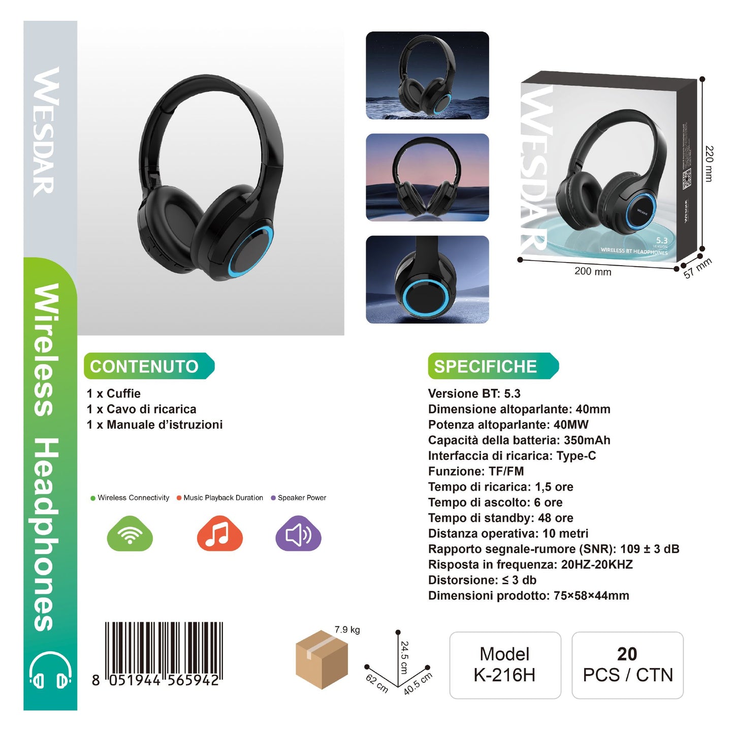 WESDAR K-216H Wireless Cuffie / Headphones BT 5.4
