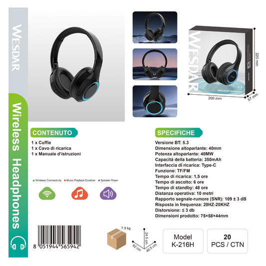WESDAR K-216H Wireless Cuffie / Headphones BT 5.4