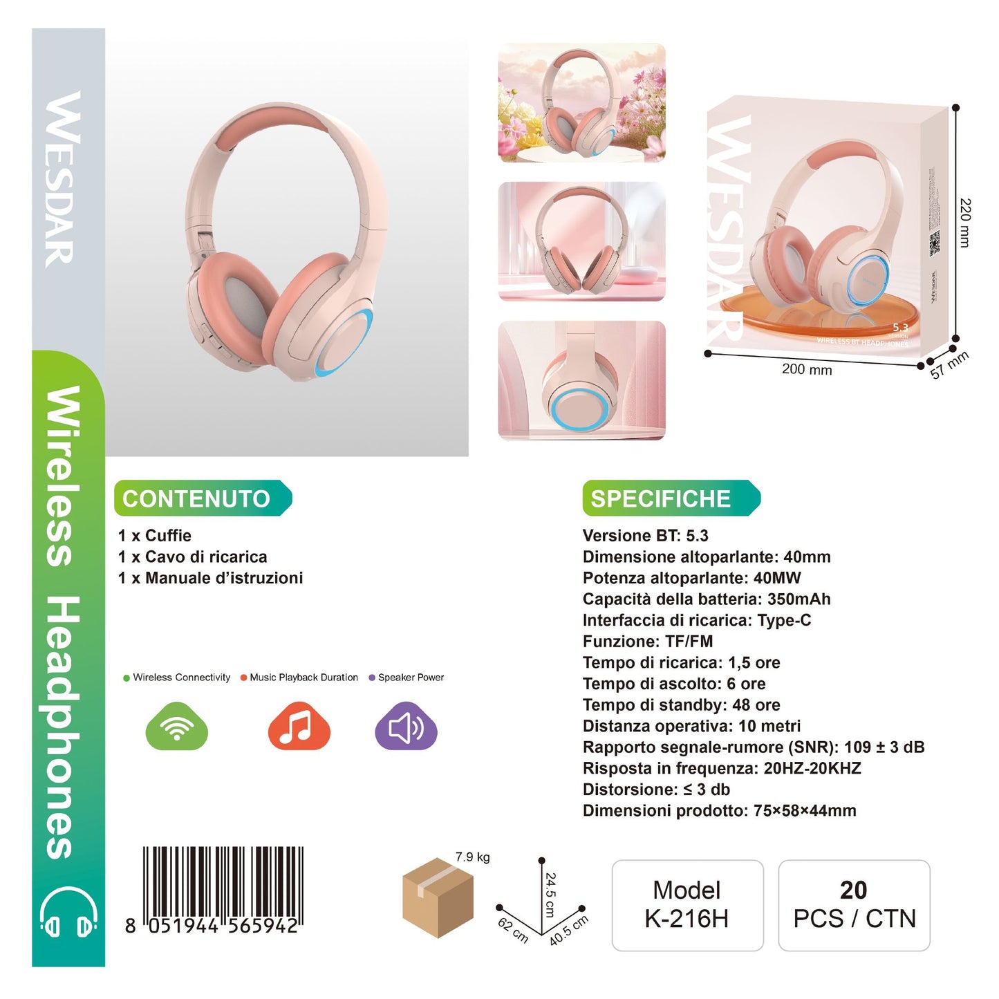 WESDAR K-216H Wireless Cuffie / Headphones BT 5.4