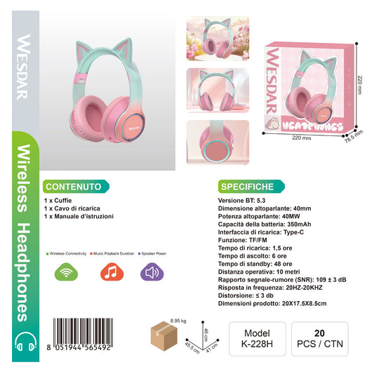 WESDAR K-228H Cuffie Wireless Headphones BT 5.4