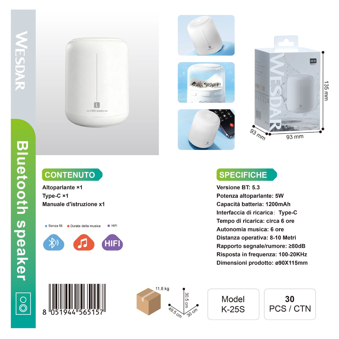 WESDAR K-25S Altoparlante Bluetooth