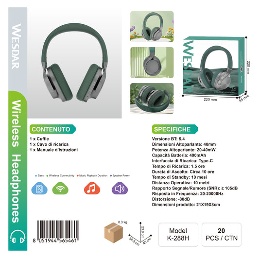 WESDAR K-288H Wireless Headphones Cuffie BT 5.4