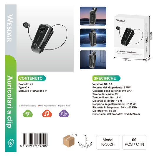 WESDAR K-302H Lavalier Auricolare BT