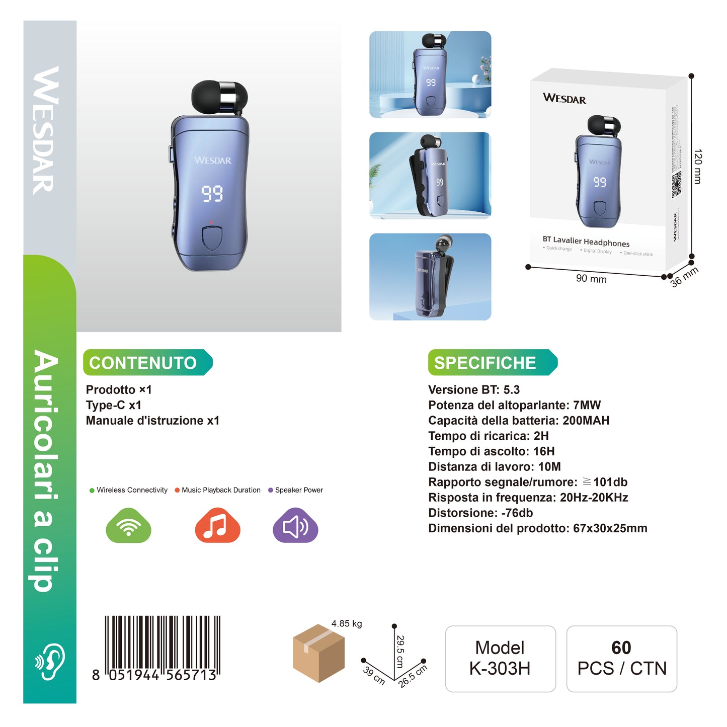 WESDAR K-303H BT Auricolare Lavalier