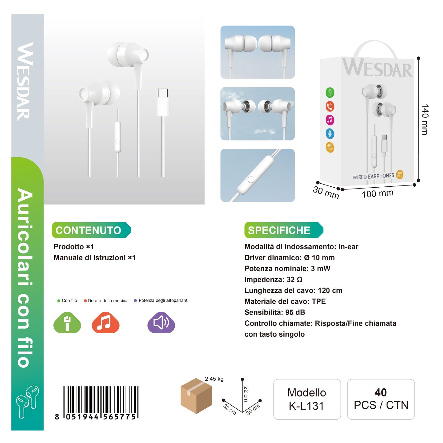 WESDAR K-L131 Auricolare Cablato Type-C