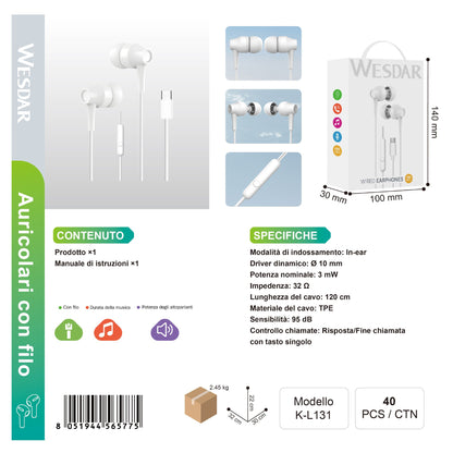 WESDAR K-L131 Auricolare Cablato Type-C