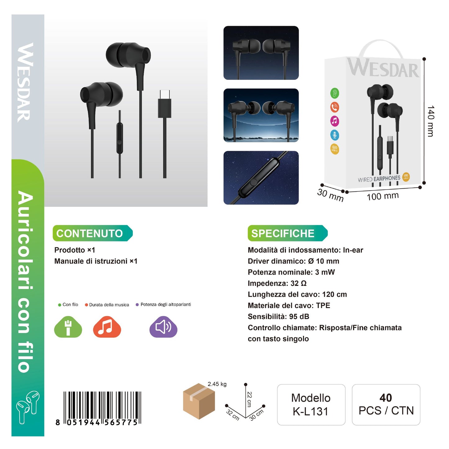 WESDAR K-L131 Auricolare Cablato Type-C