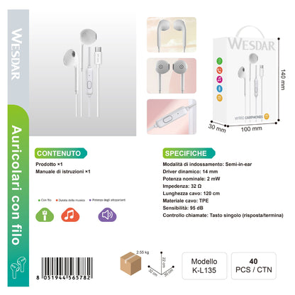 WESDAR K-L135 Auricolare Cablato Type-C (senza gomma)