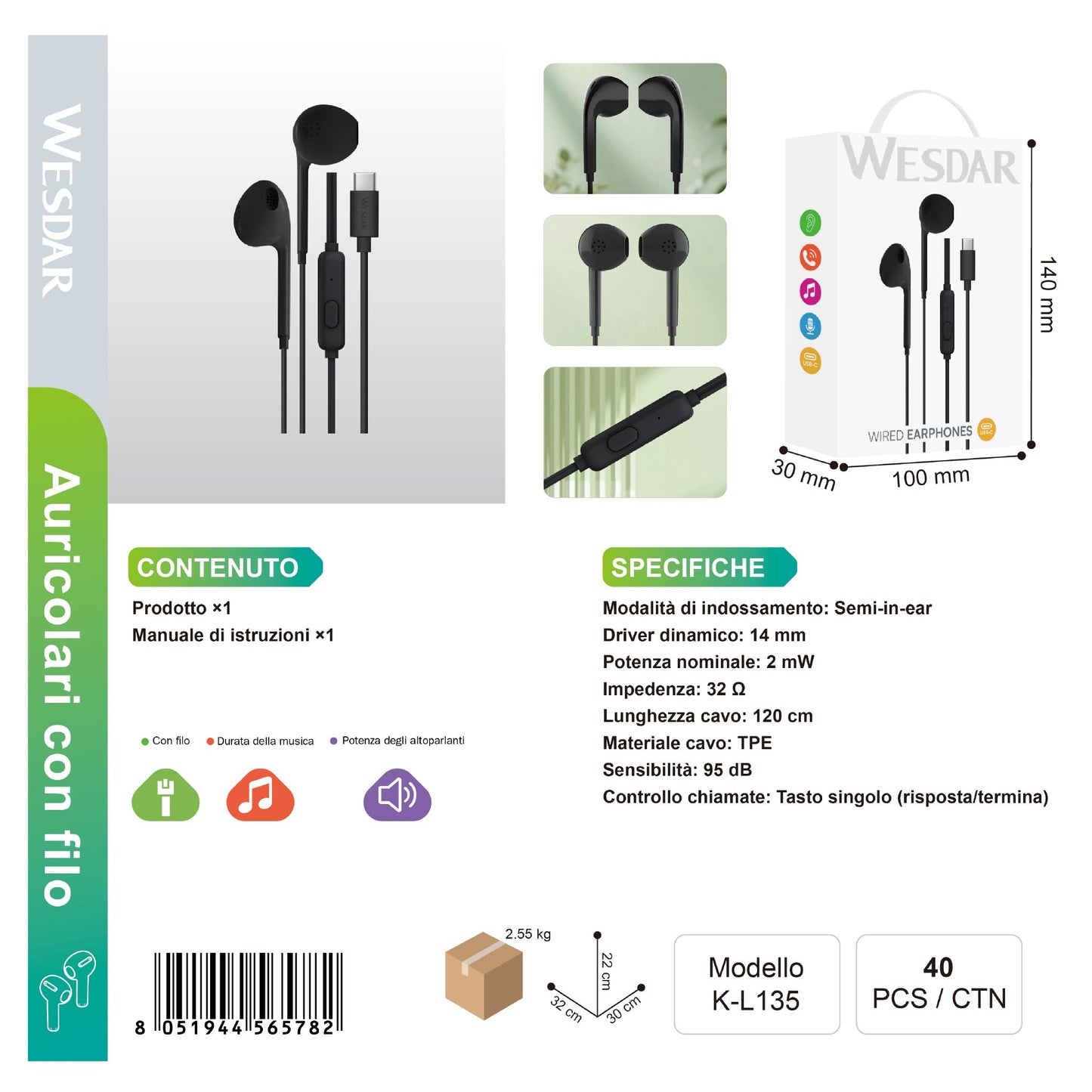 WESDAR K-L135 Auricolare Cablato Type-C (senza gomma)