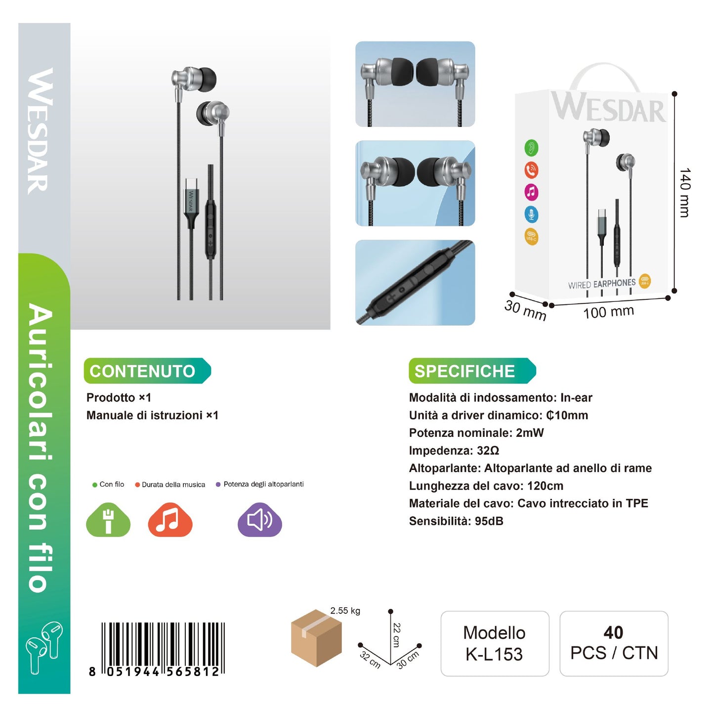 WESDAR K-L153 Auricolare Cablato Type-C
