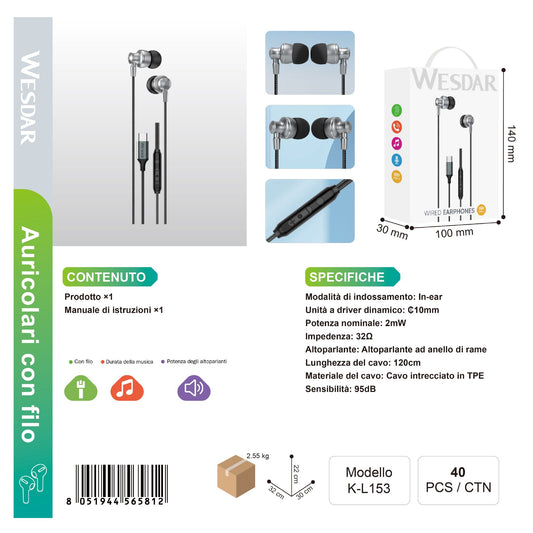 WESDAR K-L153 Auricolare Cablato Type-C