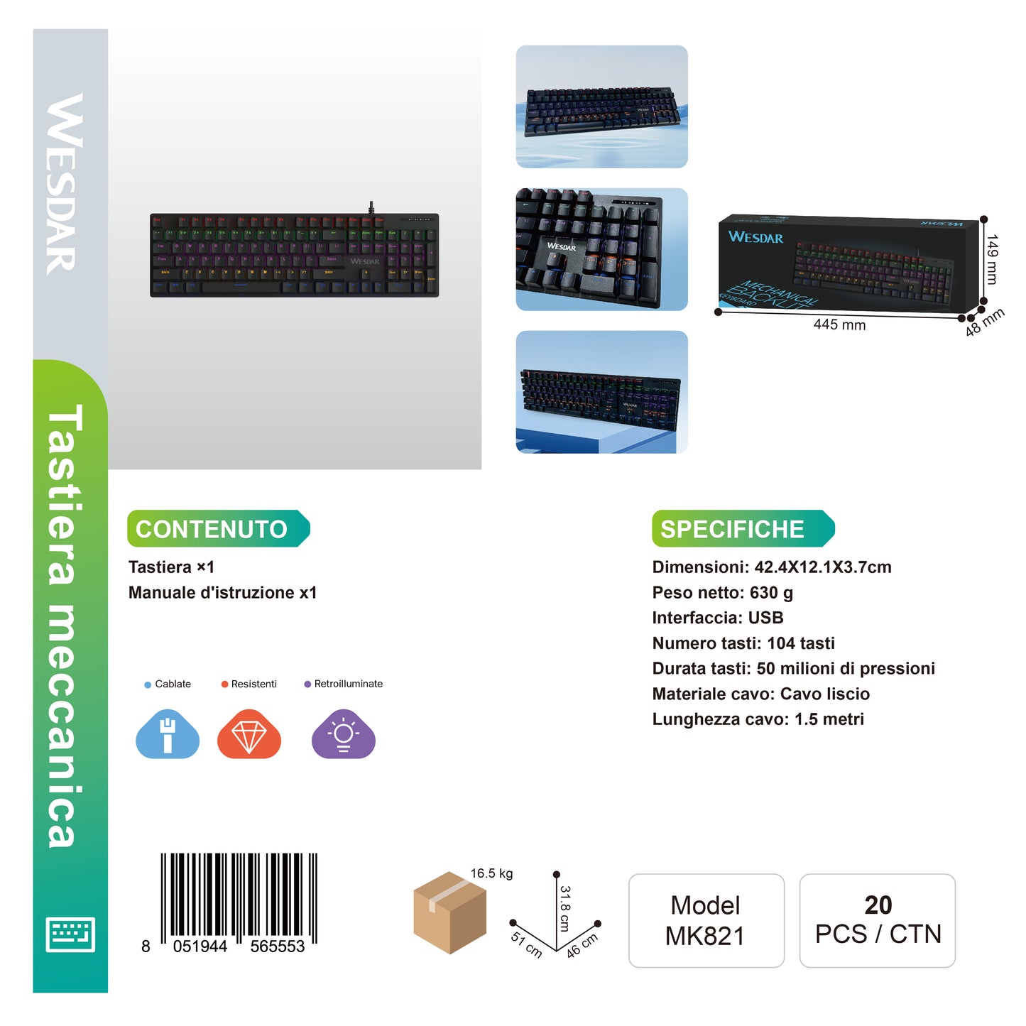 WESDAR MK821 Tastiera Cablato RGB