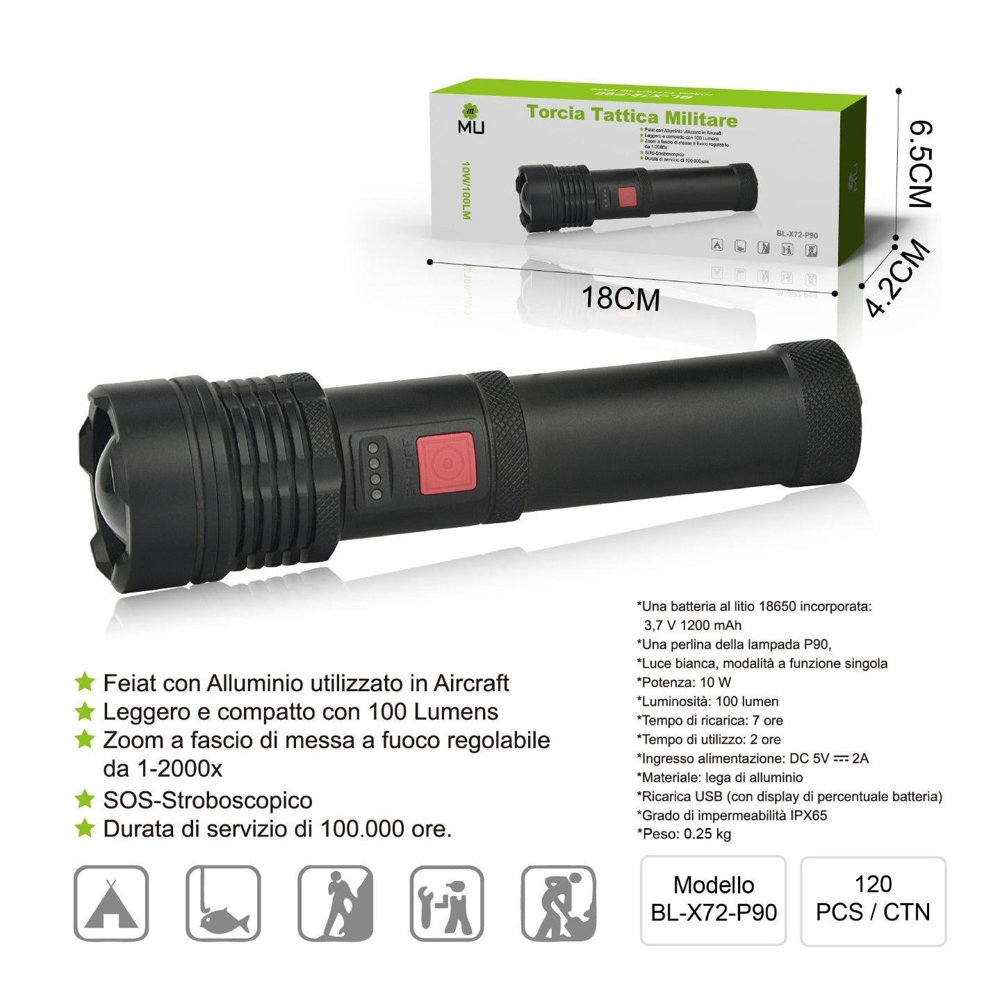 BL-X72-P90 Tactical Military Flashlight 10w