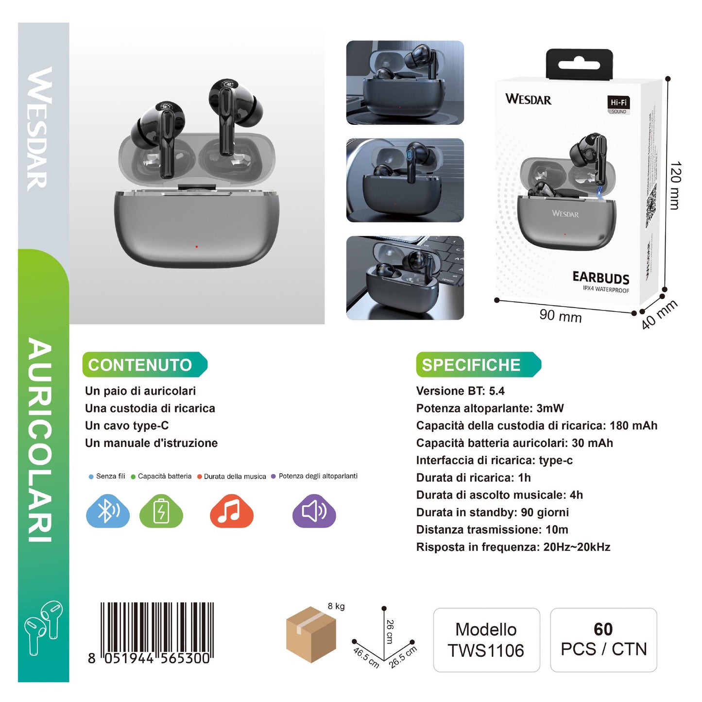 WESDAR TWS1106 Wireless Auricolari Earbuds
