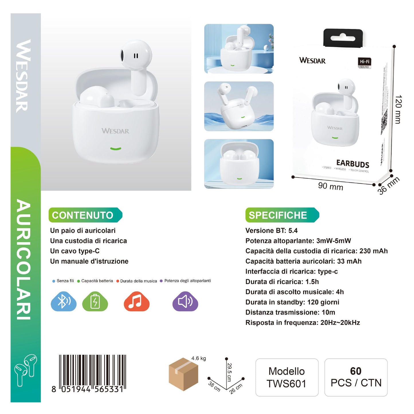 WESDAR TWS601 Auricolari Wireless Earbuds