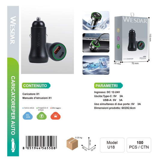 WESDAR U18 Caricatore per Auto PD 20W