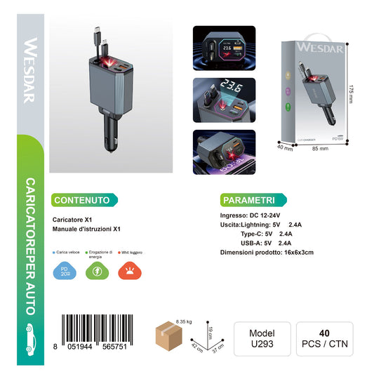 WESDAR U293 Caricatore per Auto con Cavo Type-C Integrata