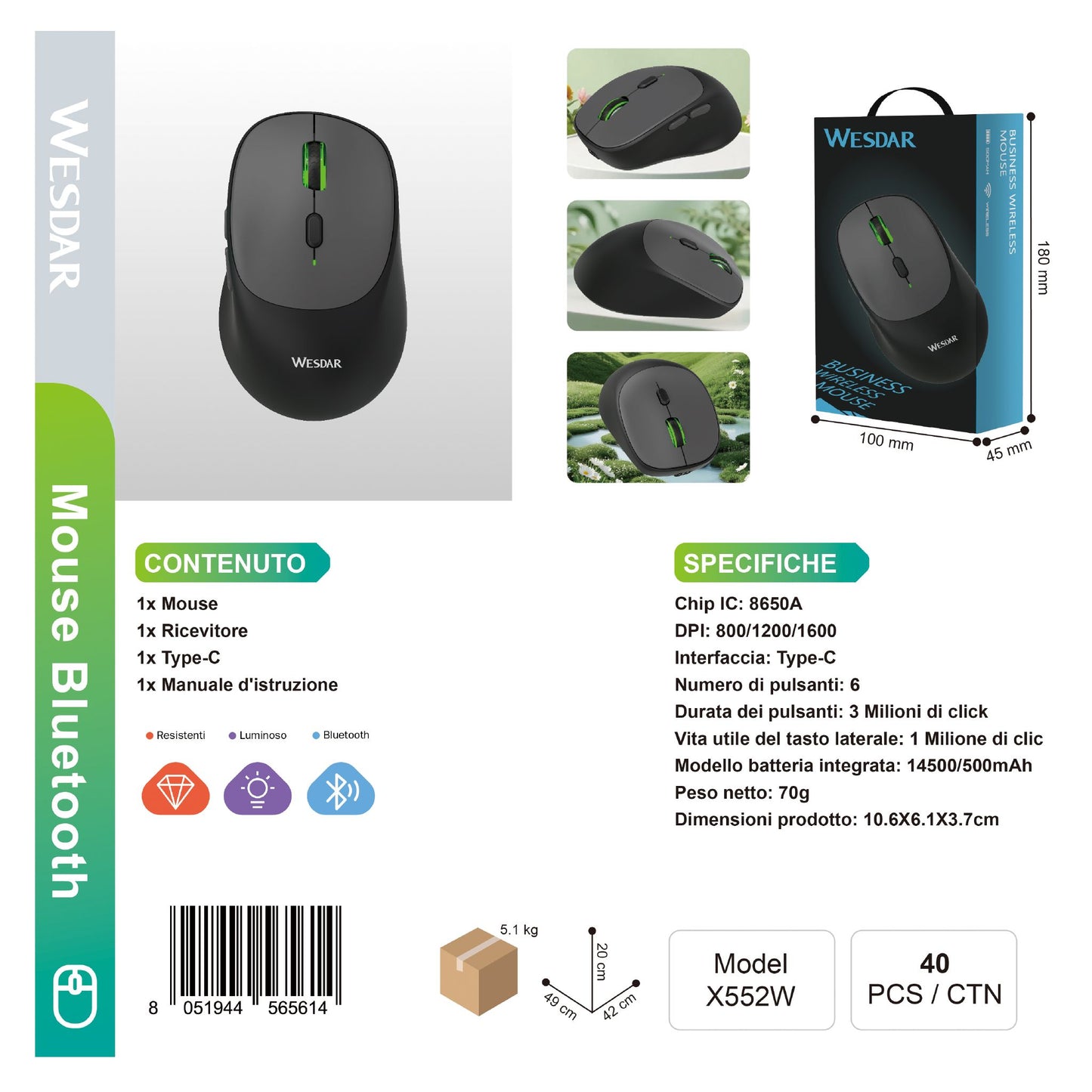 WESDAR X552W Wireless Mouse Bluetooth 2.4G