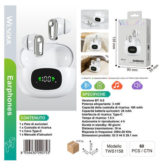WESDAR TWS1158 Auricolare Bluetooth Bianco