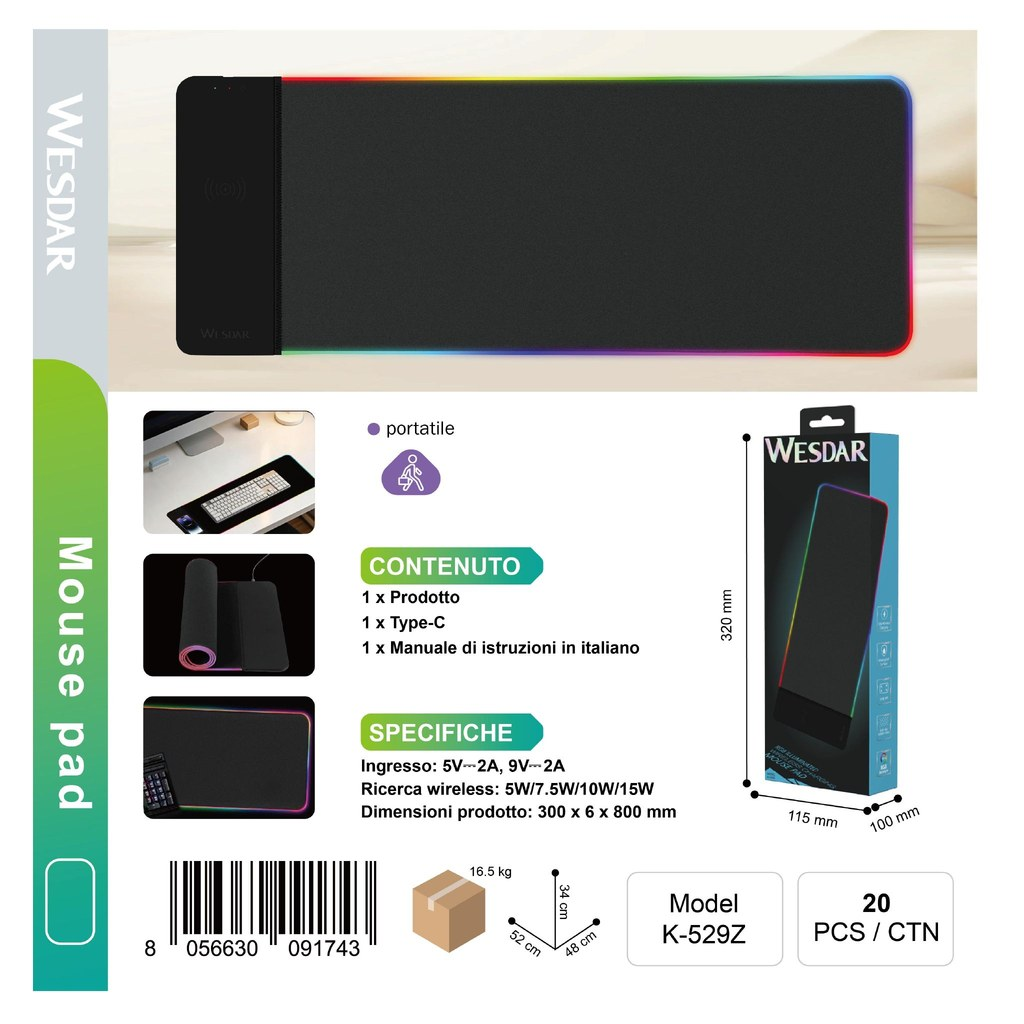 WESDAR K-529Z Tappetino per Mouse con Carica Telefono Integrato RGB