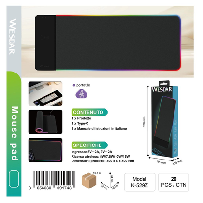 WESDAR K-529Z Tappetino per Mouse con Carica Telefono Integrato RGB