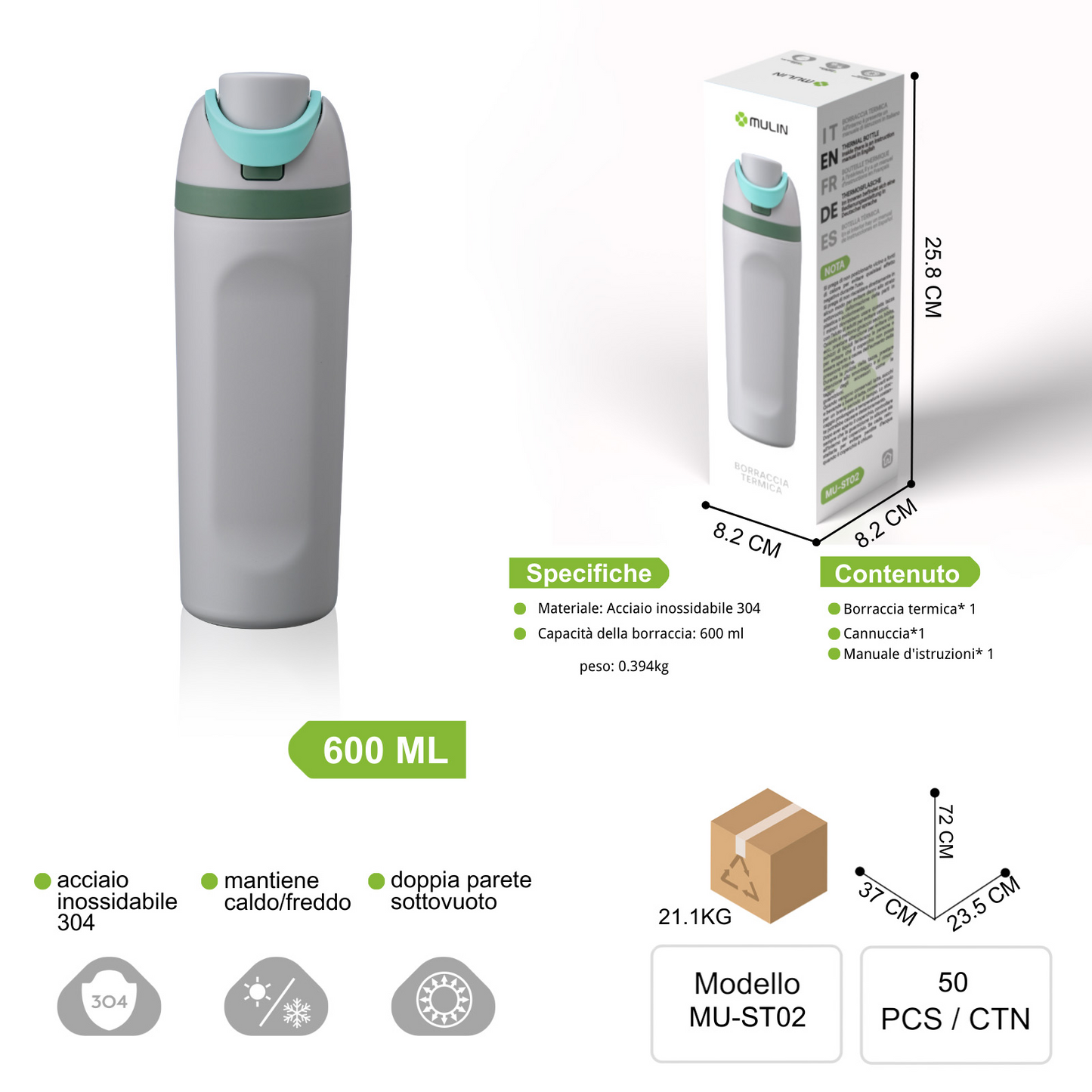 MU-ST02 Borraccia Termica da 600ml