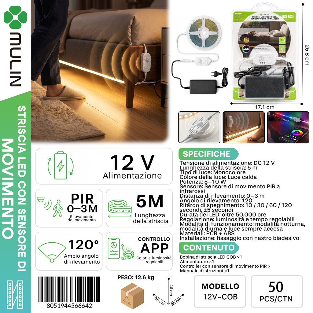 MULIN 12V-COB 5M Striscia LED con Sensore di Movimento