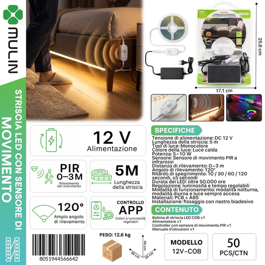 MULIN 12V-COB 5M Striscia LED con Sensore di Movimento