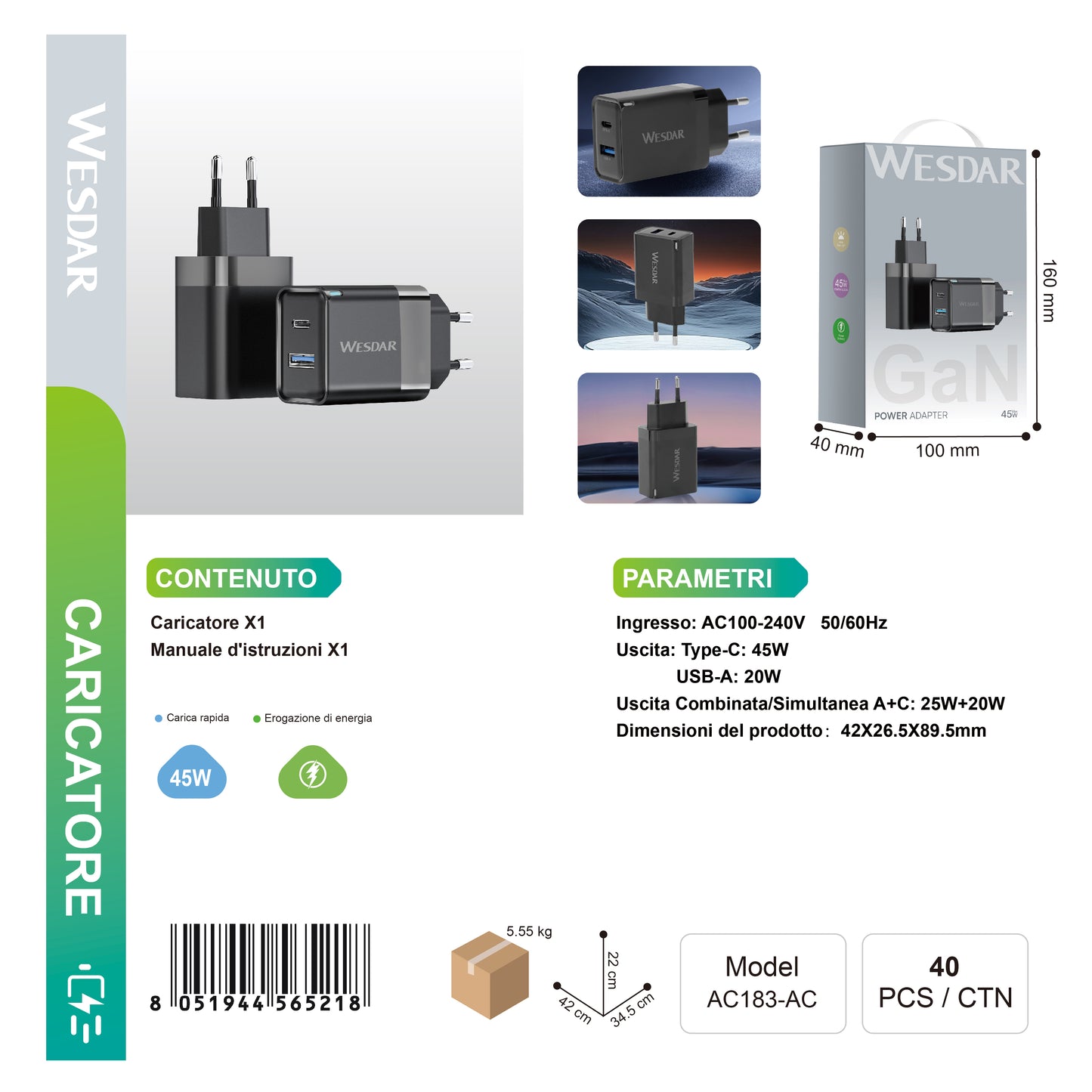 WESDAR AC183-AC Caricatore 45w