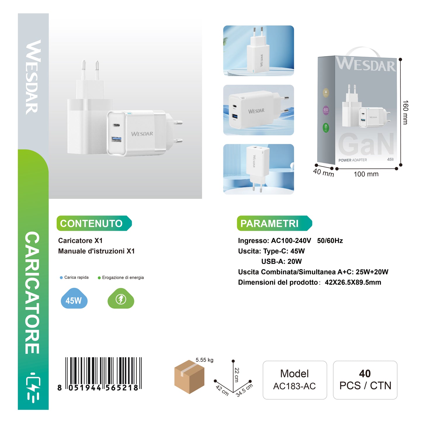 WESDAR AC183-AC Caricatore 45w