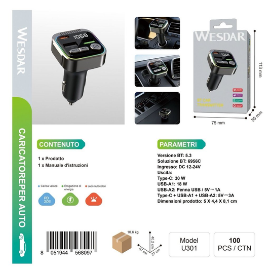 WESDAR U301 FM Transmitter per Macchine Bluetooth