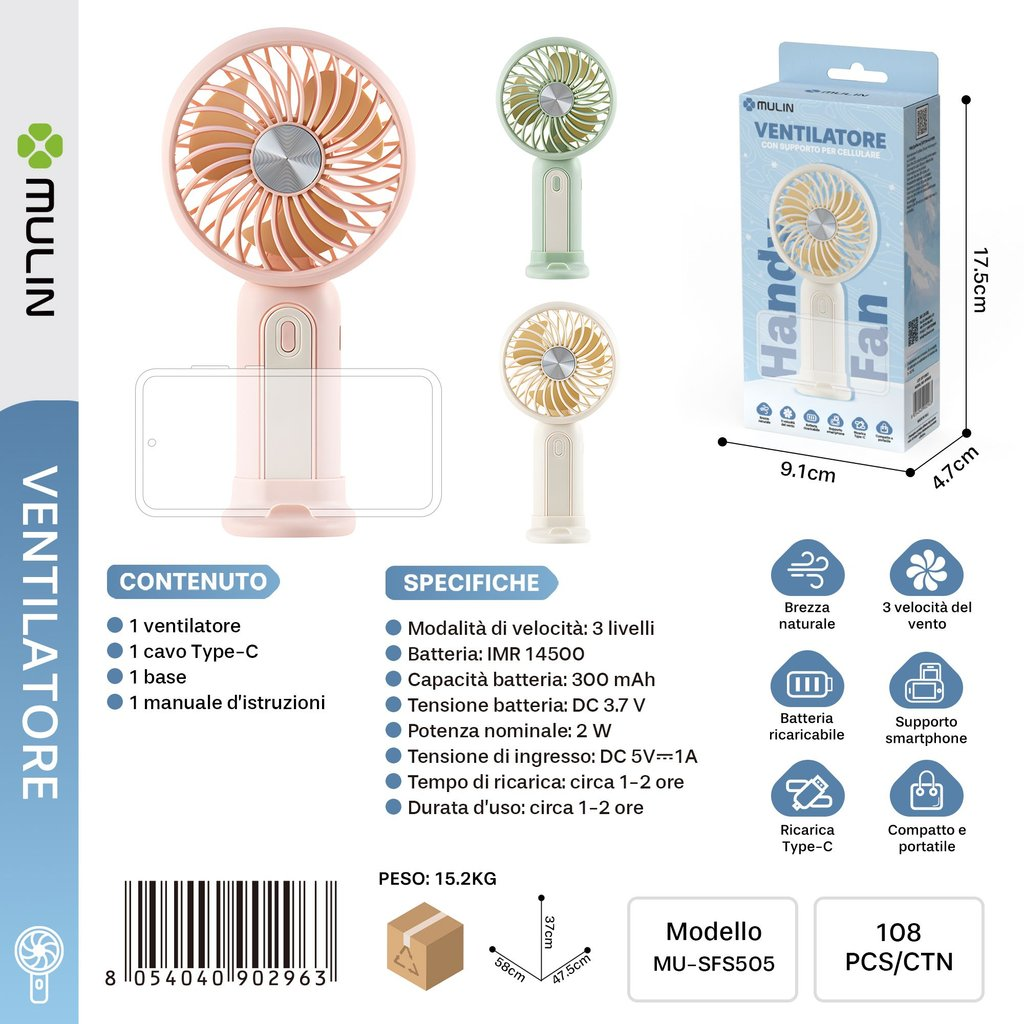 MU-SFS505 Ventilatore con Supporto per Cellulare 300mAh