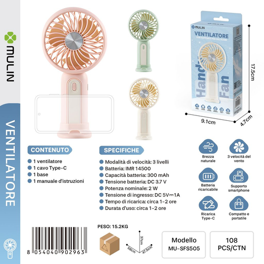 MU-SFS505 Ventilatore con Supporto per Cellulare 300mAh