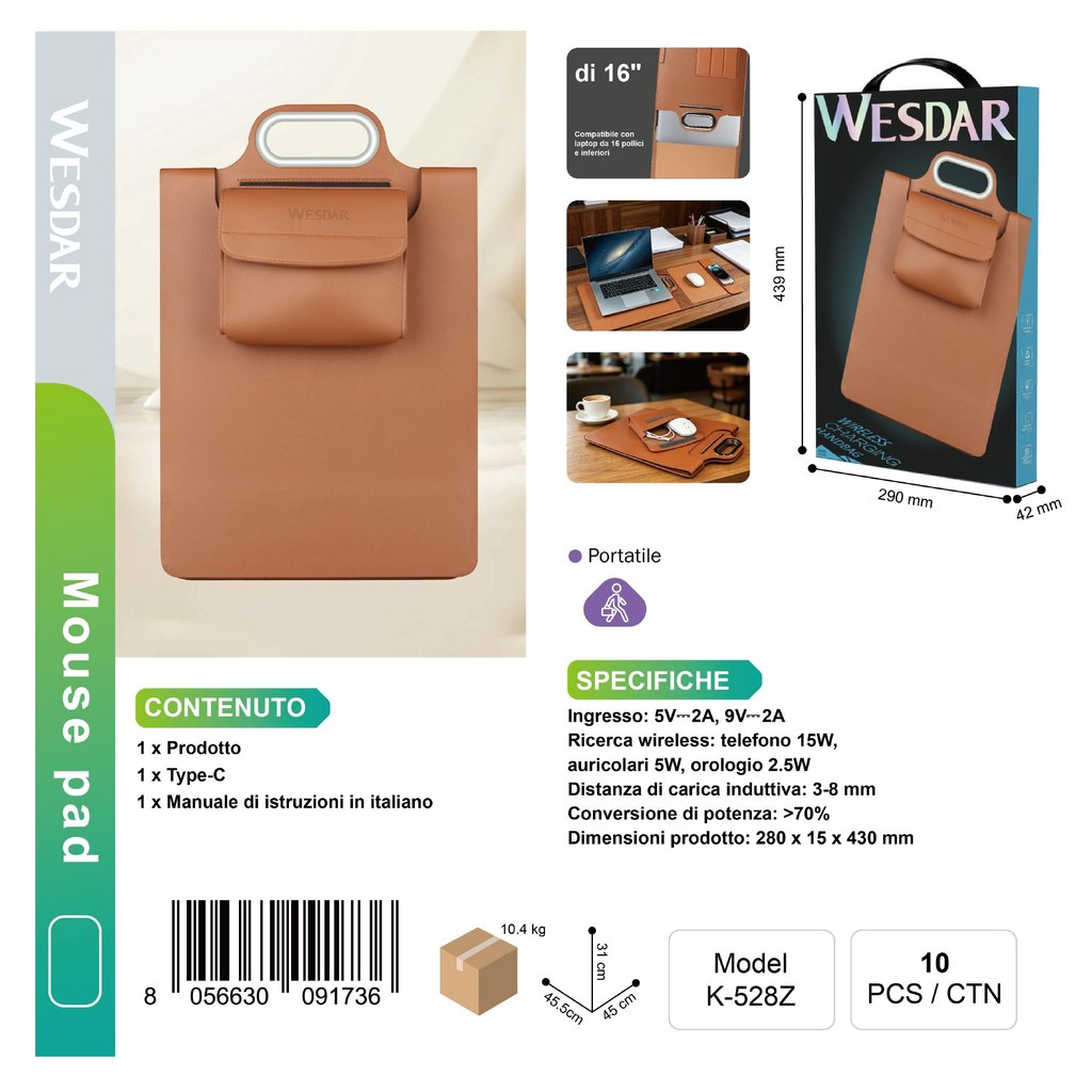 WESDAR K-528Z Borsa per Portatile con Tappetino per Mouse e 3-in-1 Ricarica Wireless Integrato Marrone
