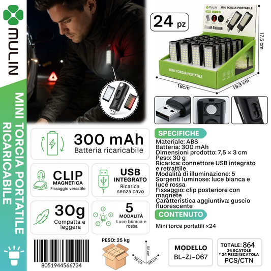 MULIN BL-ZJ-067 MIni Torcia Portatile con clip