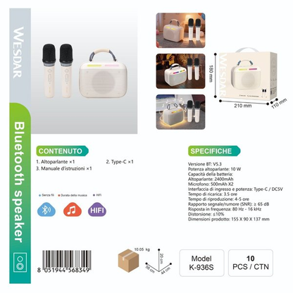 WESDAR K-936S Altoparlante con 2 Microfono Wireless
