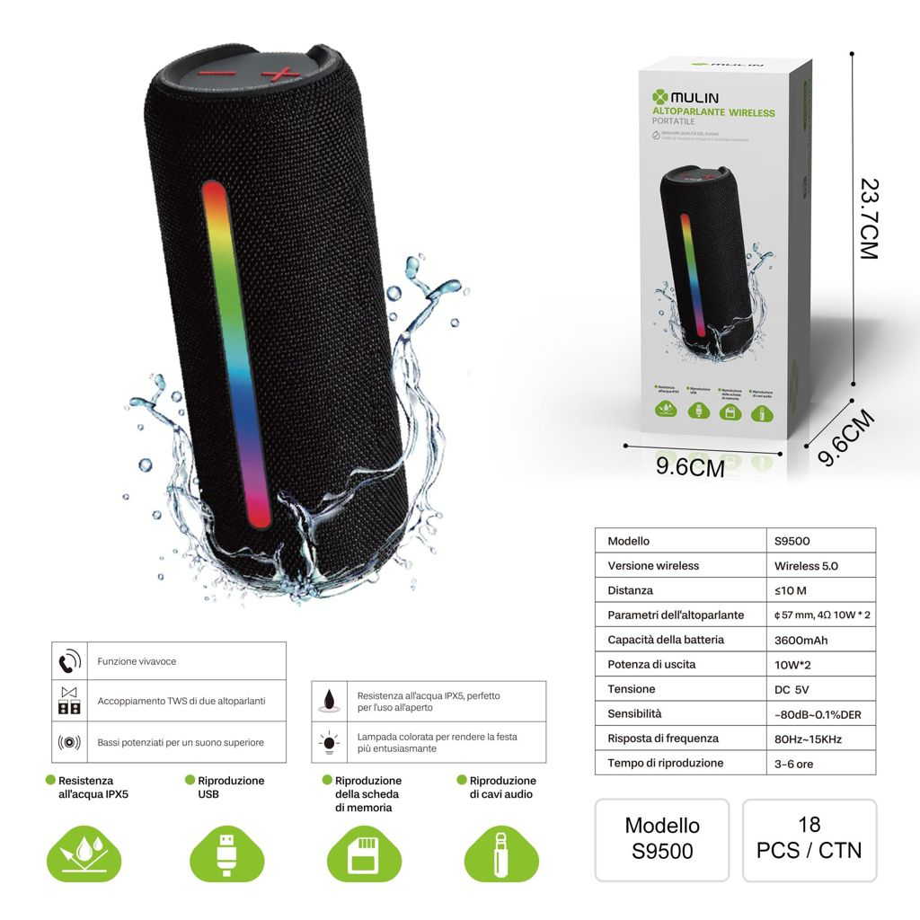 Tragbarer kabelloser RGB-Lautsprecher S9500 (schwarz)