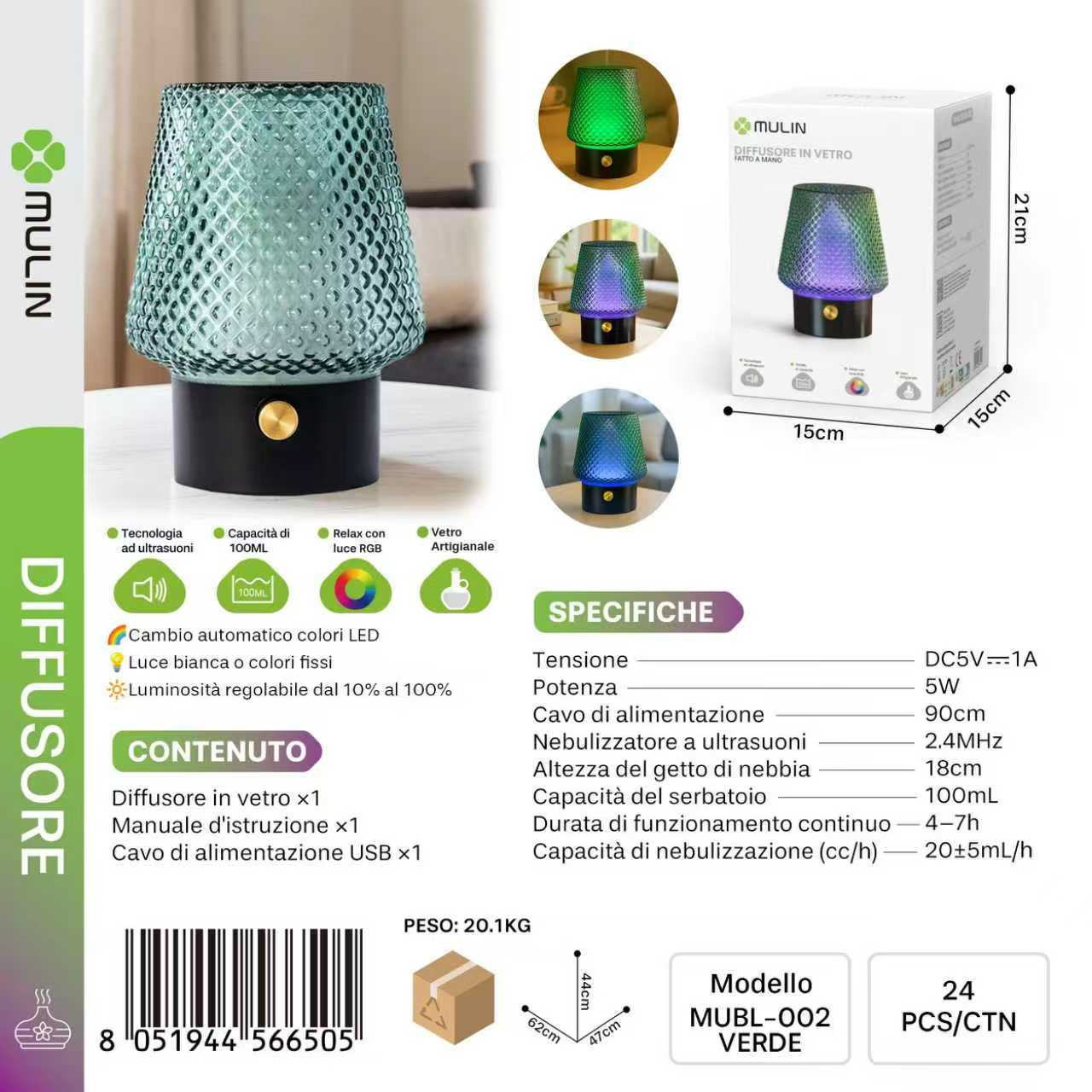 MUBL-002 Diffusore di Aromi in Vetro 100ml RGB