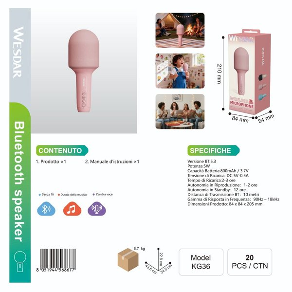 WESDAR KG36 Microfono Wirless con Altoparlante Integrata e Bluetooth