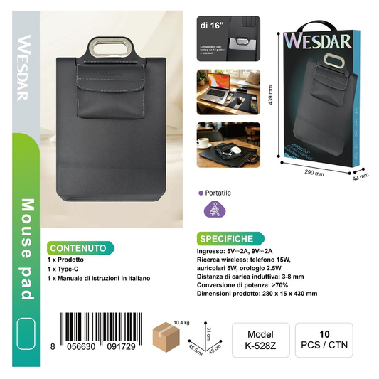WESDAR K-528Z Borsa per Portatile con Tappetino per Mouse e 3-in-1 Ricarica Wireless Integrato Nero