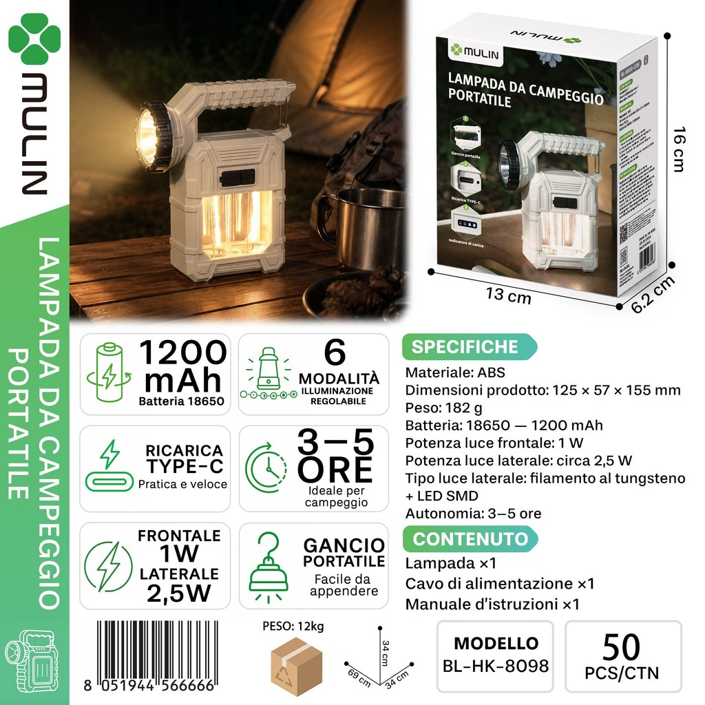 MULIN BL-HK-8098 Lampada da Campeggio