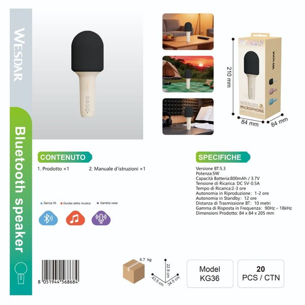 WESDAR KG36 Microfono Wirless con Altoparlante Integrata e Bluetooth